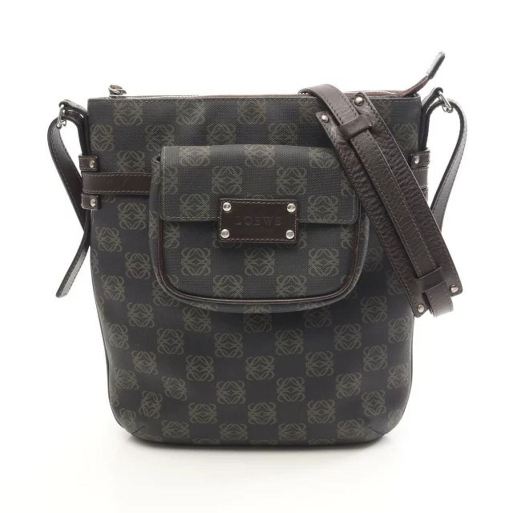 Loewe Anagram Shoulder Bag Canvas Leather Gray Brown